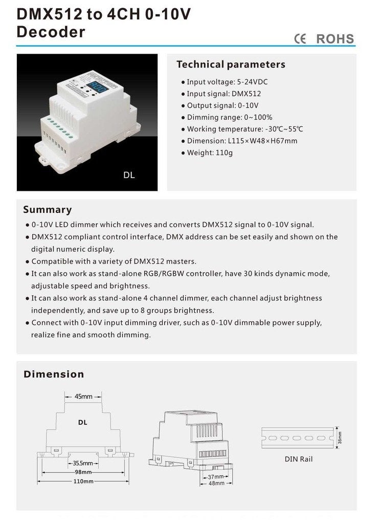 Nutbro DMX512 to 4CH 0-10V Decoder 0-10V LED Dimmer DMX512 Signal to 0-10V Signal RGB/RGBW Controller 4 Channel Dimmer 5-24V - Image 3